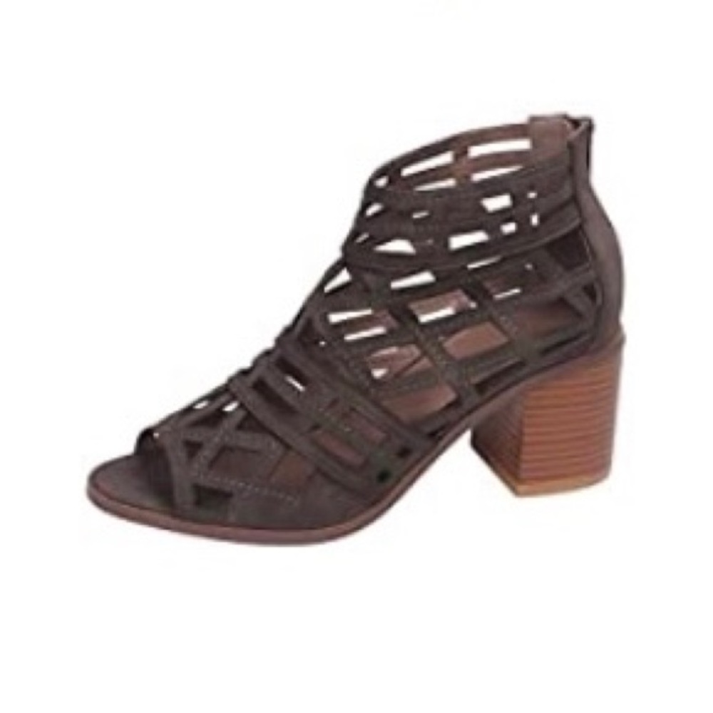 Geometric low heel open toe boots, zipper back, like new, army green